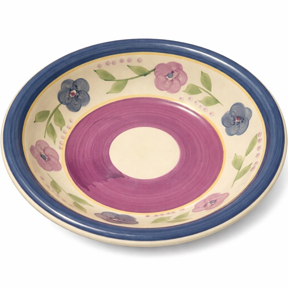 Gibson Mix n Match Floral Stoneware Bowl Blue Rim Purple Center